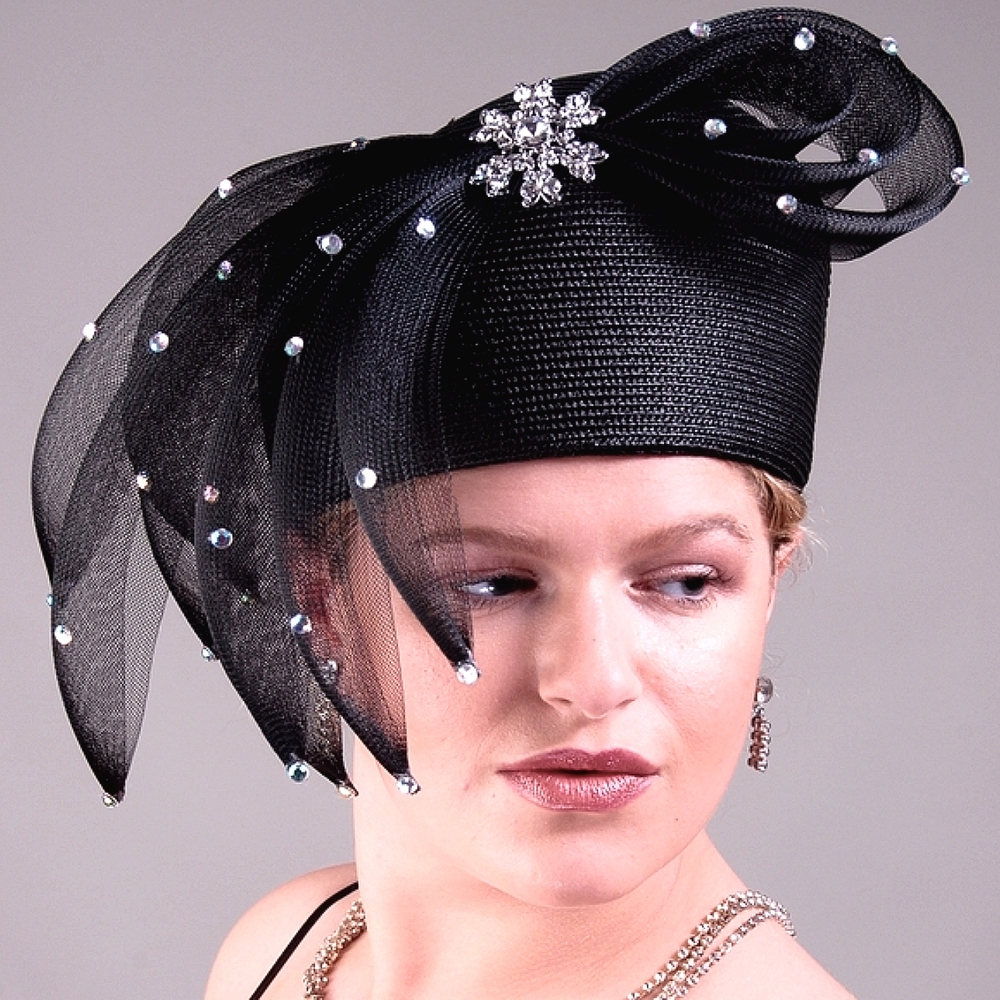 Beloved Millinery Elegant Couture Black Jeweled Hat Tea Brunch Church Funeral
